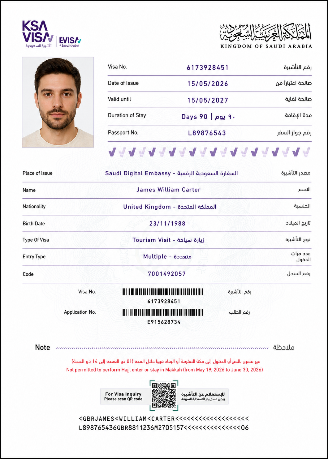 Sample Saudi Arabia eVisa Reference